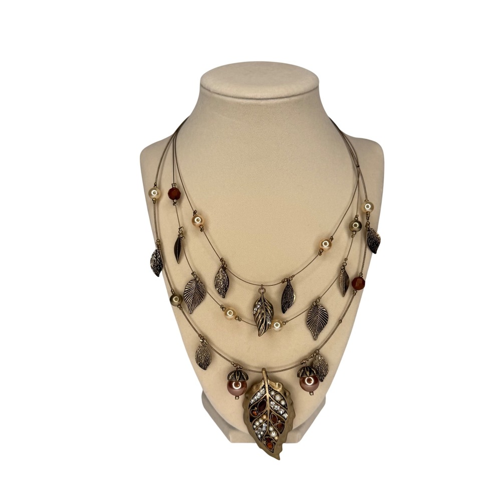 Antique Bronze Fall Triple Strand Leaf & Pearl Illusion Statement Necklace